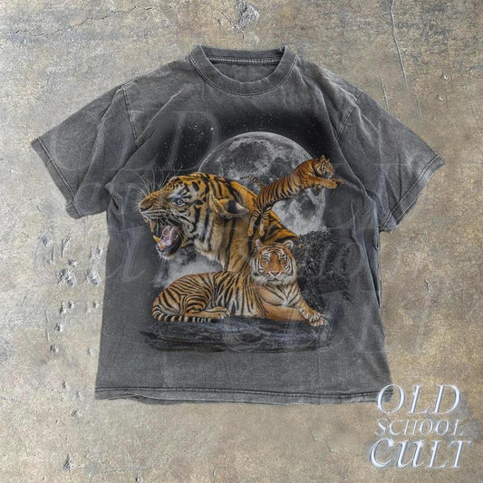 Three Tigers Vintage 90s Graphic T-shirts, Retro Alpha Moon Tshirt, Funny Tiger Lovers Gift, Relaxed Washed Shirt, Unisex Galaxy Nature Tee