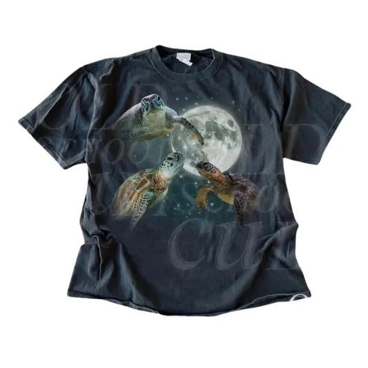 Three Turtles Vintage 90s Graphic T-shirts, Retro Turtle Moon Tshirt, Turtle Lovers, Relaxed Unisex Washed Fun Tee, Funny Galaxy Ocean Tee, Top Menswear