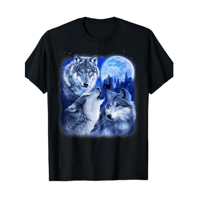 Three Wolves 3 Grey Wolves Howling at the Moon Wildlife T-shirt Made in USA