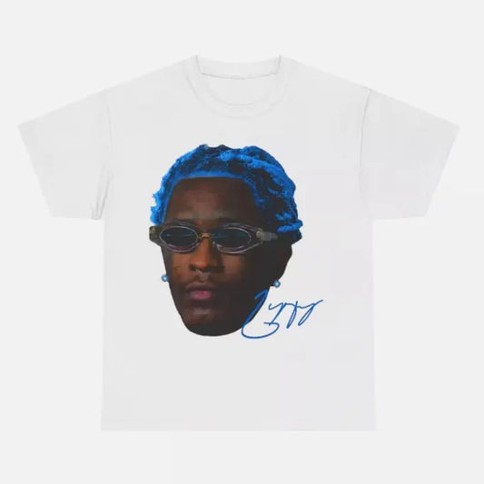 Thug Blue Hair Portrait T-Shirt, Hip Hop Artist Graphic Tee, White Design, Unisex Cotton Tee, Perfect for Rap Fans,...