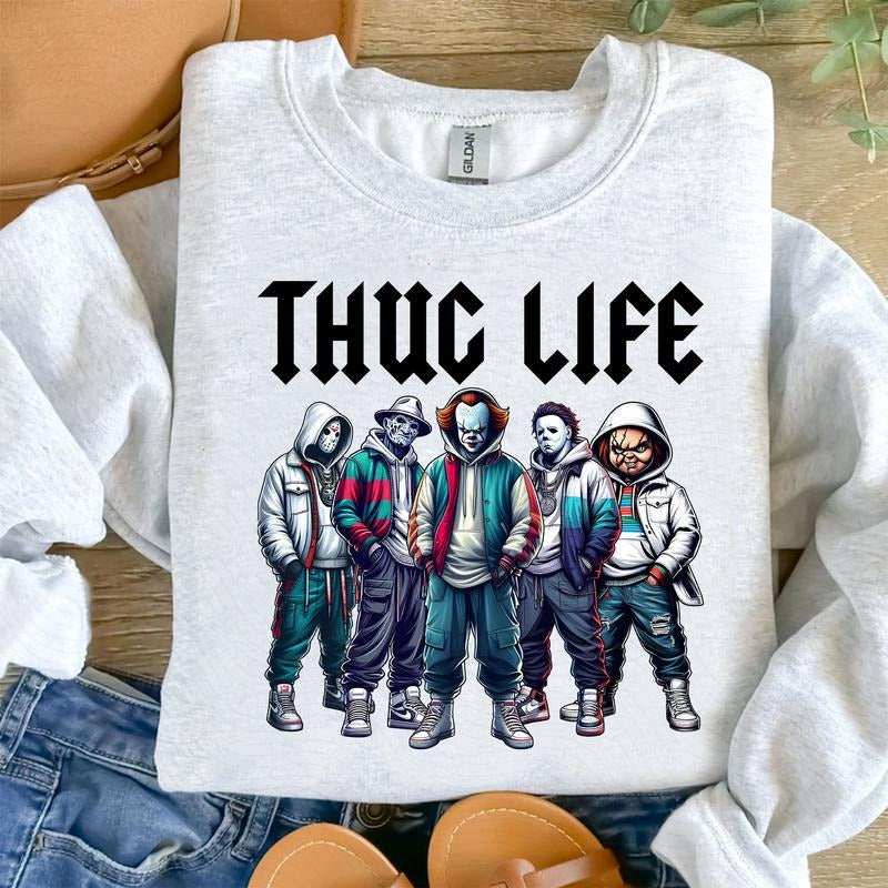 Thug Life Horror Movie Crewneck, Horror Movie Killers, Friends Horror Characters, Friend Horror, Halloween Sweater, Happy Halloween Gift