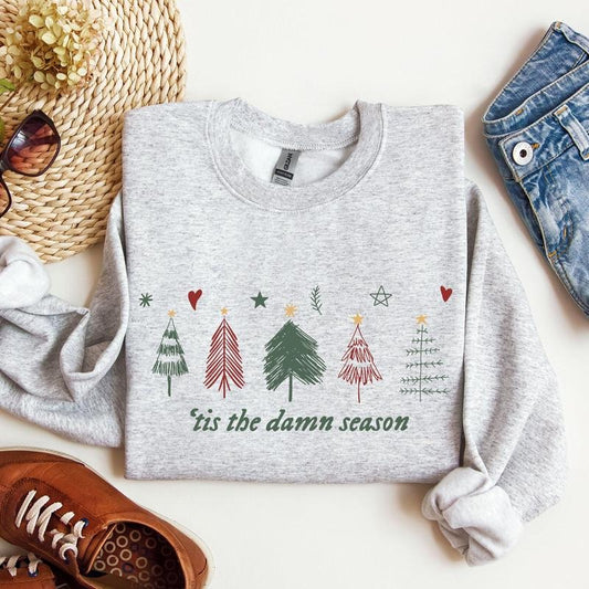Tis Damn Season, Trees, Hearts, Stars, Christmas, Sweatshirt, Crew Neck, Women's, Crewneck