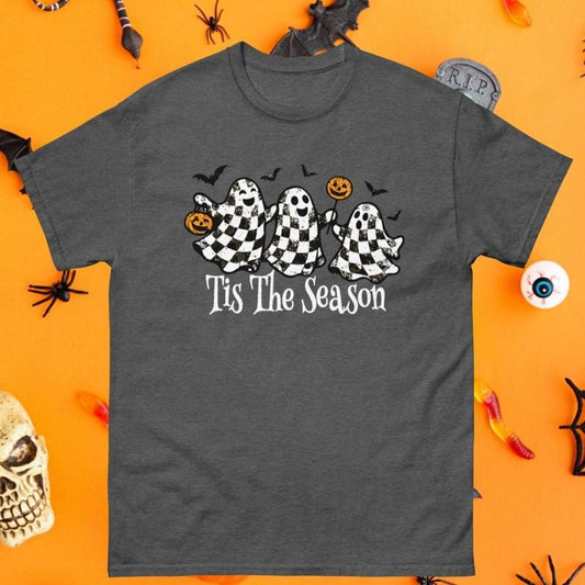 Tis The Season Checkered Ghost Halloween Gildan Shirt - Gildanshirt Unisex Relaxed Fit Printed in the USA Casual Comfort Cotton Top Women's Wear Boho Chic Crewneck Short Sleeve All Seasons Streetwear