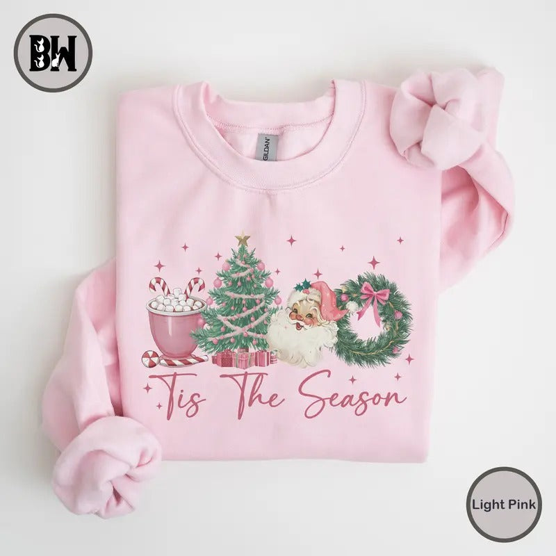 Tis The Season Pink Christmas Sweatshirt, Coquette Bow Christmas Shirt, Retro Christmas Crewneck, Girly Christmas Sweater, Merry Christmas