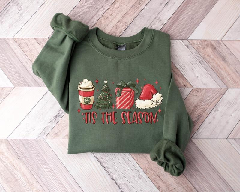 Tis The Season Sweatshirt, Christmas Tis The Season Sweatshirt, Christmas Sweatshirt, Cute Xmas Winter Sweatshirt, Winter Holiday Shirt, Christmas Coffee, Christmas Tree, Santa Hat Christmas Shirt, Xmas Christmas Gift Shirt