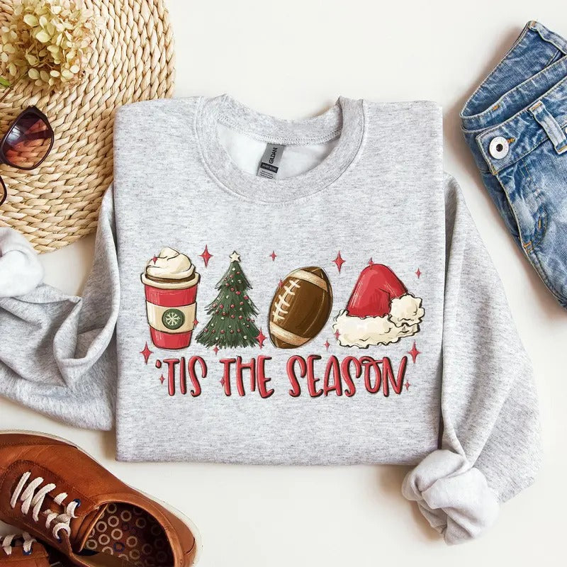 Tis The Season, Christmas, Football, Santa, Tree, Coffee, Winter, Xmas Sweatshirt, Women's Crew Neck, Crewneck T-Shirts,...