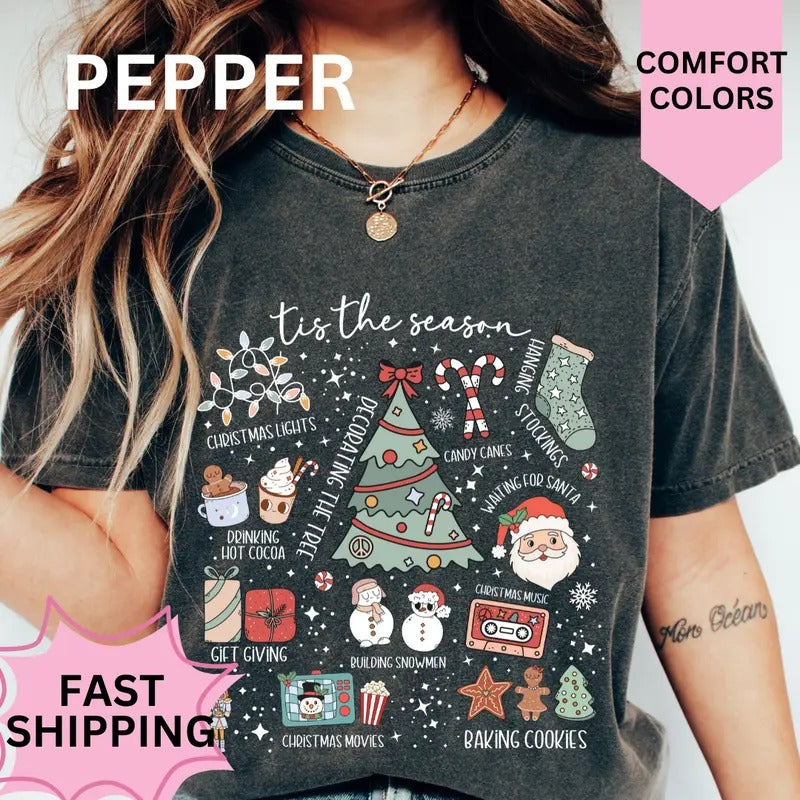 Tis the Season Christmas Doodles Shirt, Comfort Colors, Christmas Coquette Shirt, Women's Holiday Tee, Casual Comfy Graphic