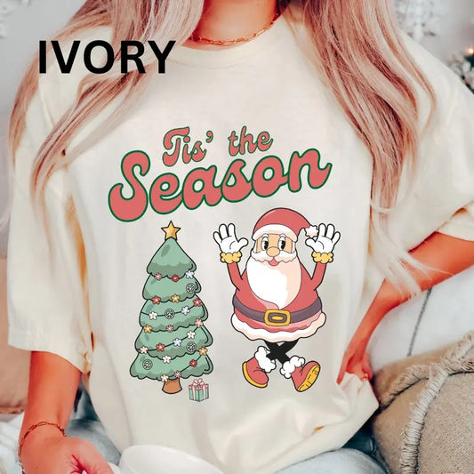 Tis the Season Tree and Santa Shirt, Christmas Shirt, COMFORT COLORS T-SHIRT, CASUAL SHIRT UNISEX, CHRISTMAS CLOTHING, GRAPHIC APPAREL, HOLIDAY SHIRT, Cotton Fabric Womenswear Top Printed Oversized Women