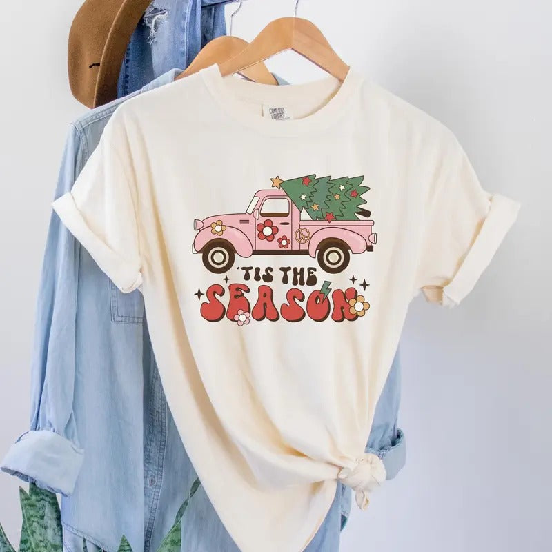 Tis the season Shirt | Groovy Christmas sweater | Retro Xmas Shirt| Pink Christmas truck | Vintage Christmas sweater | Christmas Party