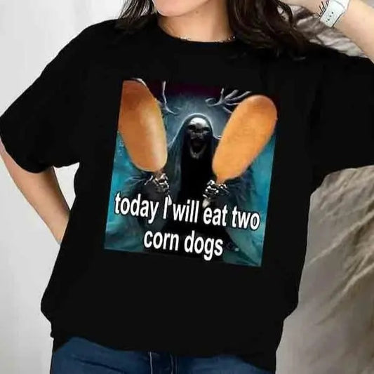 Today I Will Eat Two Corn Dogs Funny Trendy Meme T-shirt, Skeleton Corndog Meme T-Shirt, 100% Cotton, Crew Neck, Slight...