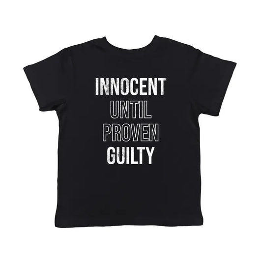 Toddler Innocent Until Proven Guilty T Shirt Funny Court Defense Bad Behavior Joke Tee For Young Kids Funny Toddler Shirts Funny Sarcastic Apparel Childrens Graphic Tees Black -