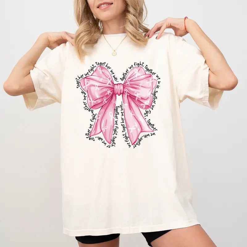 Together We fight Together We Win Shirt, Breast Cancer Awareness T-shirt, Coquette Breast Cancer Bow Printed Graphic Printed Tee, October Women Apparel, In October We Wear Pink Short Sleeve Pullover, Womenswear, Cotton Fabric Relaxed Fit Chic Style