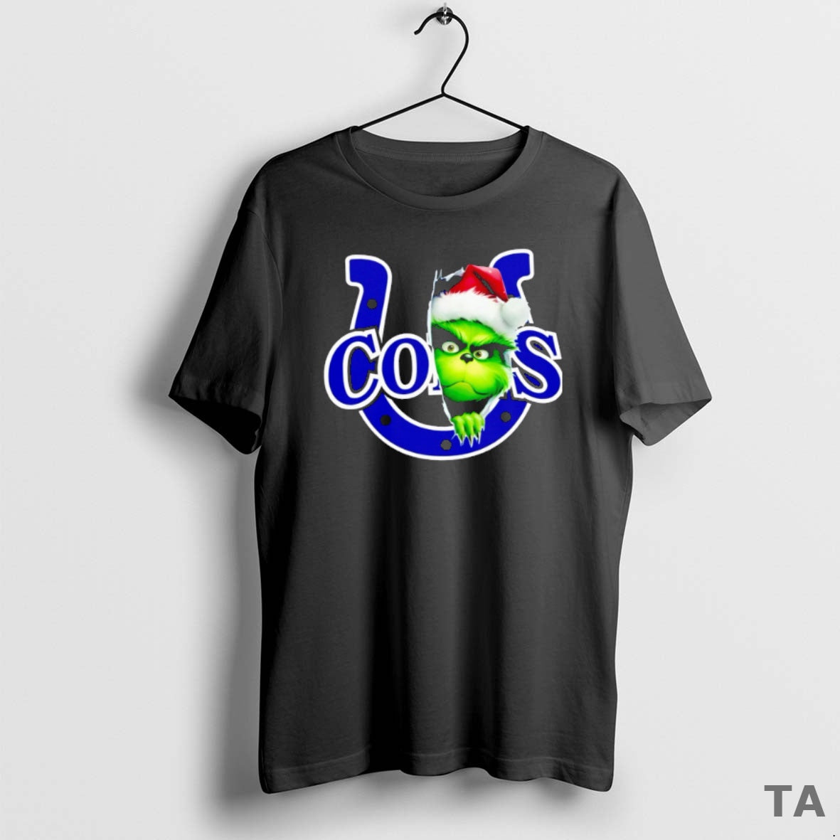 Top Grinch Peeking Through Indianapolis Colts Christmas Holiday T Shirt Sweater