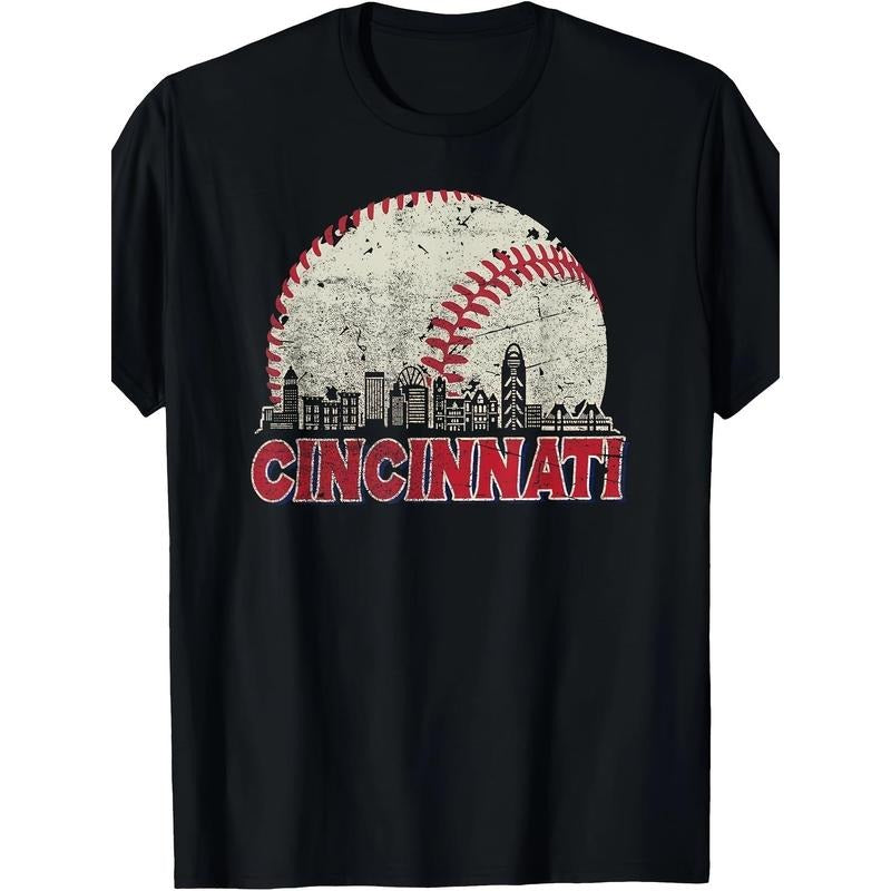 Top quality gift for men's crewneck T-shirt, vintage Cincinnati cityscape baseball enthusiast men's T-shirt, running...
