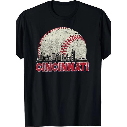 Top quality gift for men's crewneck T-shirt, vintage Cincinnati cityscape baseball enthusiast men's T-shirt, running...