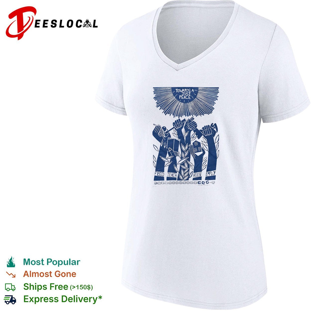 Towards a just peace feed teach house employ ECC hands holding tools and house shirt