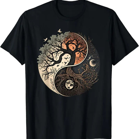Tree of Life Yin Yang Black T-Shirt | Unisex Cotton Tee, Short Sleeve, Crewneck, Size S-5XL