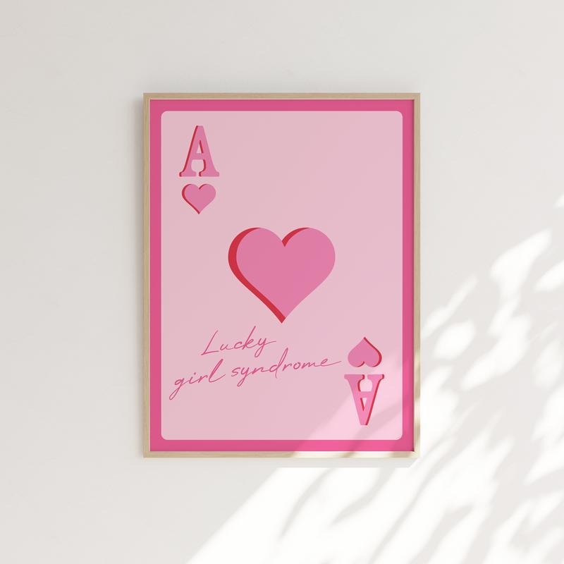 Trendy Retro Wall Art, Lucky Girl Print, Aesthetic Pink Card Poster, Ace Of Hearts, Gifts For Her Besties Wall Decor,...