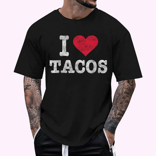 Trendy Vintage I Love Tacos Gift T-Shirt - Men's Regular Fit Letter Graphic Round Neck Tee, Casual Short Sleeve, Crew Neck Shirt for Summer, Fashion Men's Top for daily Wear, Graphic Tees
