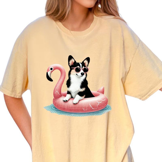 Tri Colored Corgi Flamingo Float Dog Shirt ~ Unisex Apparel Relaxed Fit Printed In The USA Clothing Womenswear Casual Comfort Cotton Top Athletic Boho Chic