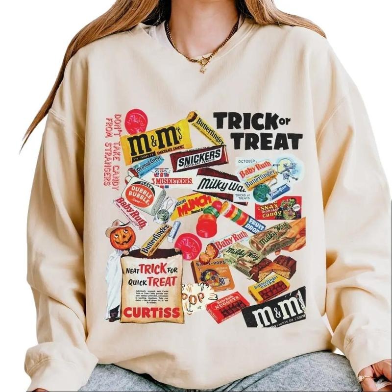 Trick or Treat Candy Sweatshirt, Vintage Halloween Sweatshirt, vintage style sweatshirt, Halloween tok, t-shirts, retro sweatshirt, print sweatshirt, Print t-shirt, Vintage Halloween Sweatshirts, Halloween Tok, fall Crewnecks, fall sweatersstyle{n002}2