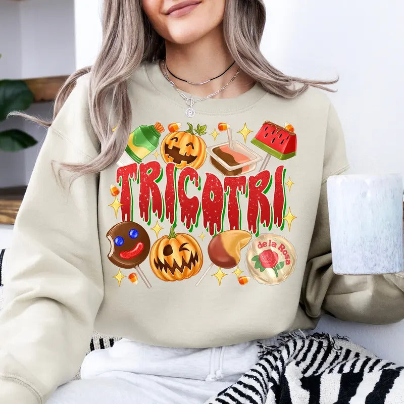 Tricotri with Candies T-shirt, Western Happy Halloween Costume, Latino halloween Sweatshirt, Comadre Crew Hoodie, Mexican...