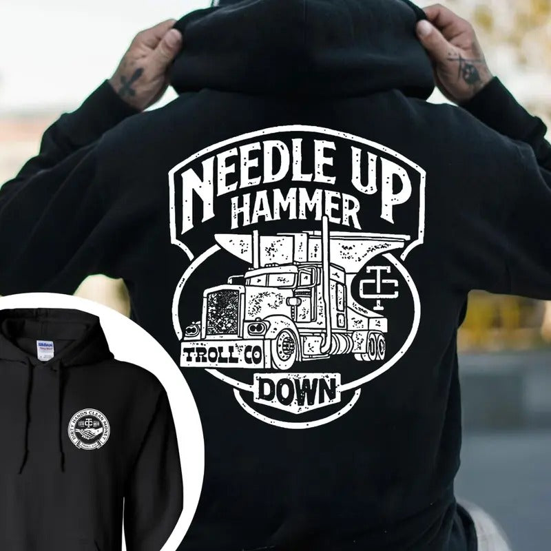 Troll Co Work Needle Up Hammer Down T-shirt - Crewneck Sweatshirt - Hoodie, Trending Mechanic Unisex Shirt, 2 Side Printed Workwear Streetwear, ESTD MMXVII
