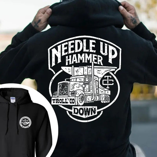 Troll Co Work Needle Up Hammer Down T-shirt - Crewneck Sweatshirt - Hoodie, Trending Mechanic Unisex Shirt, 2 Side Printed Workwear Streetwear, ESTD MMXVII