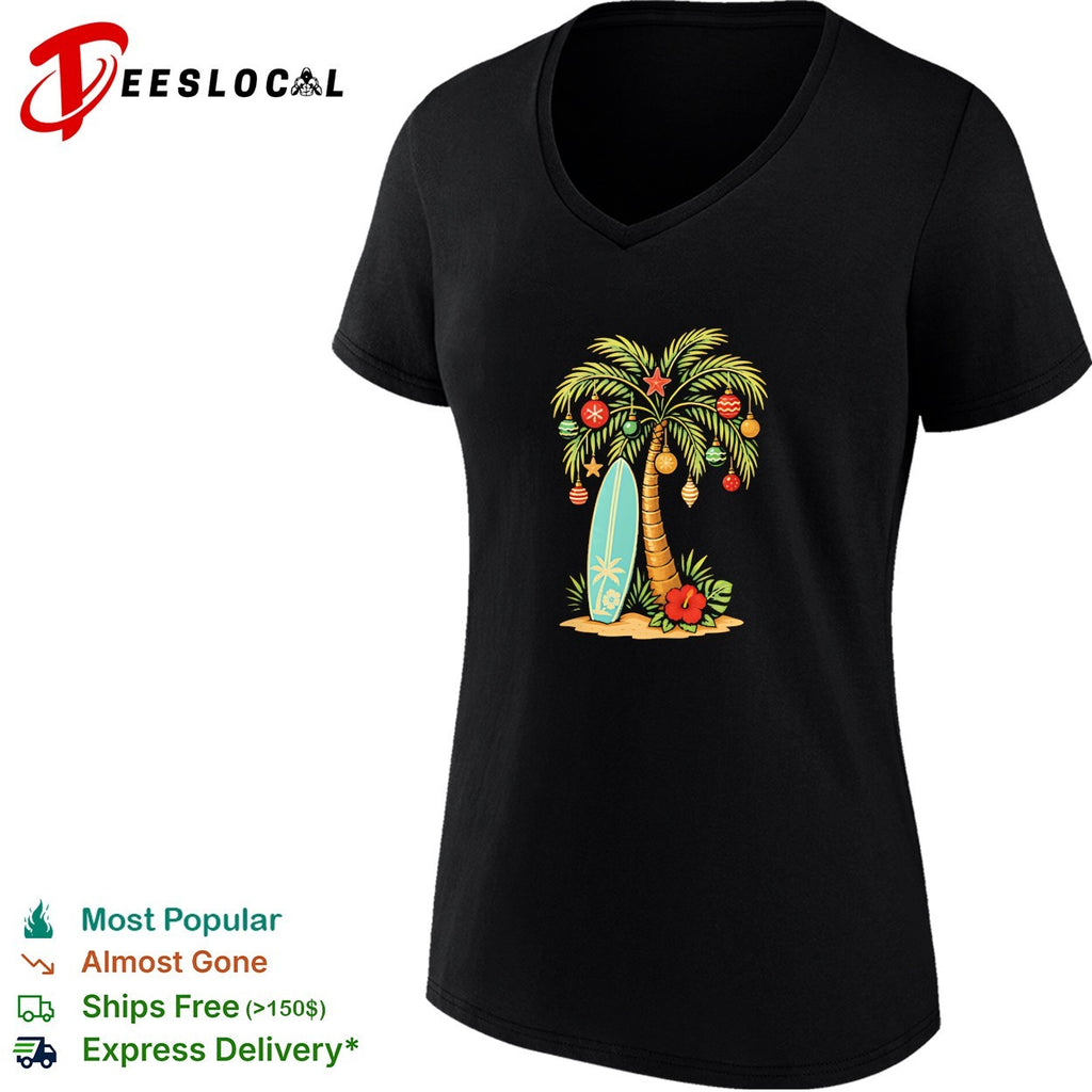 Tropical Christmas palm tree surfboard shirt