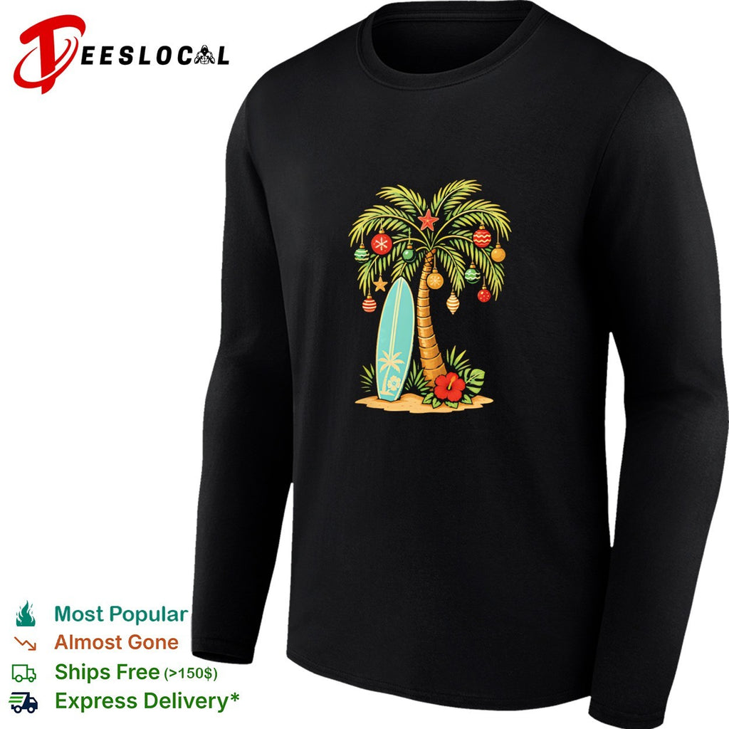 Tropical Christmas palm tree surfboard shirt