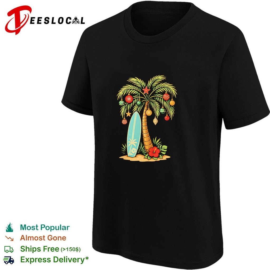 Tropical Christmas palm tree surfboard shirt