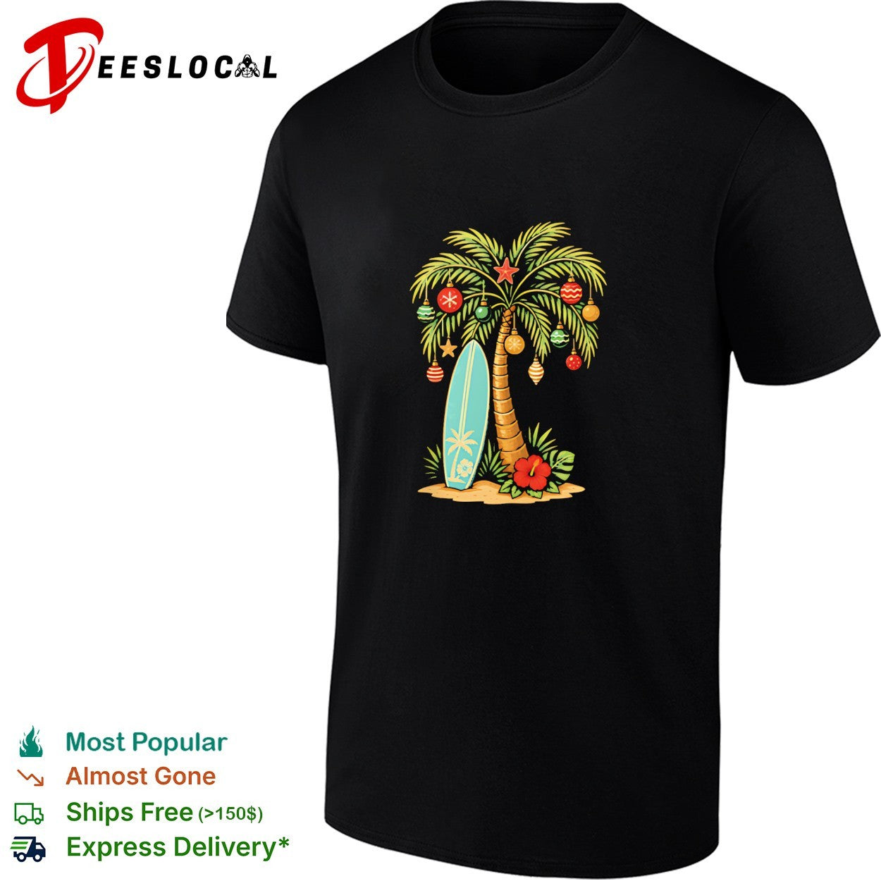 Tropical Christmas palm tree surfboard shirt