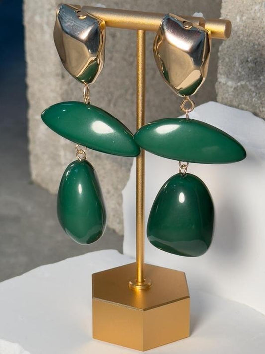 True Green Abstract Layer Drop Earrings - Three-Layer Design with Gold-Tone Top & Green Enamel Base - Lightweight & Comfortable Wear