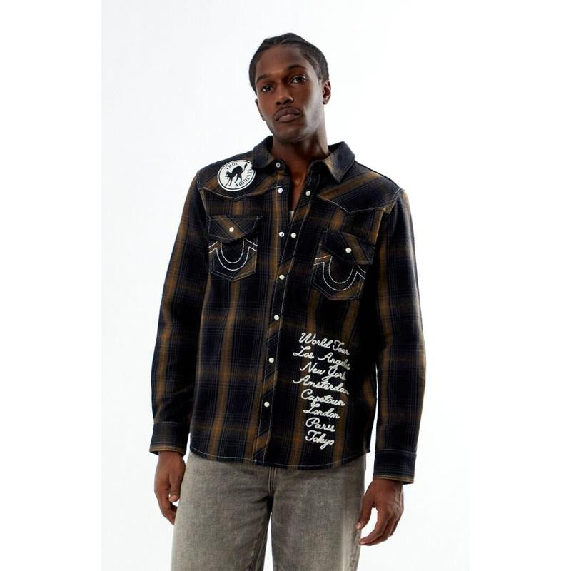 True Religion Men's Plaid Big T Western Long Sleeve Shirt