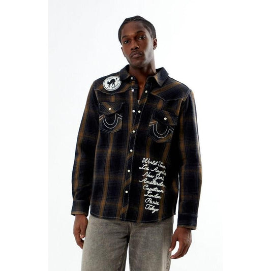 True Religion Men's Plaid Big T Western Long Sleeve Shirt
