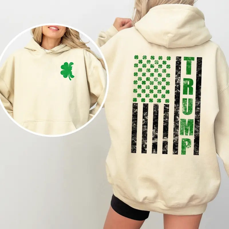 Trump 2025 American Flag Vintage St. Patrick's Day Hoodie, Patriotic Irish Pride Tee, Unisex Casual Wear