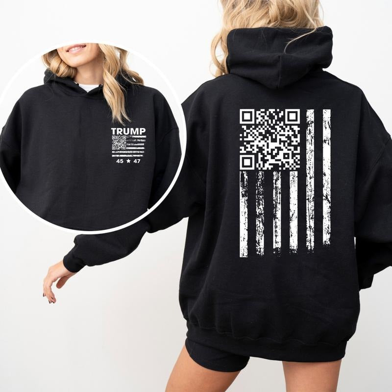 Trump 4547 Dancing Code Hoodie, Funny QR Flag Troll Shirt, YMCA Meme Hoodie, 45-47 Trump Flag QR Code, Political Streetwear for Men, Heavyweight Cotton Hoodie, Gift For Him, For Her