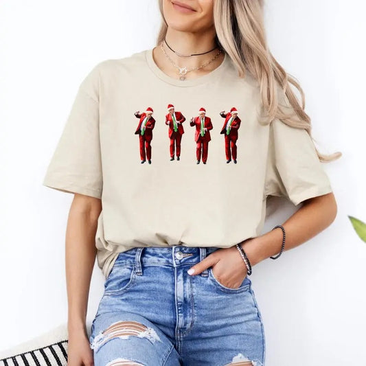 Trump Dance Christmas T-Shirt, Funny Trump T-Shirt, Christmas Santa Trump T-Shirt, Gift, 100% Cotton, Crew Neck, Slight...