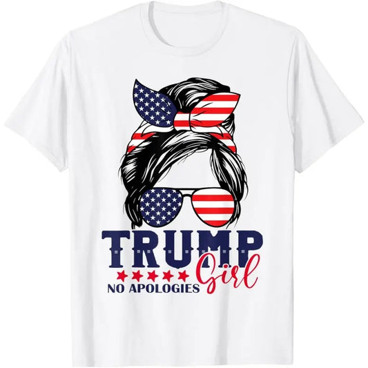 Trump Girl No Apologies Messy Bun Trump 2024 American Flag T-Shirt made in usa