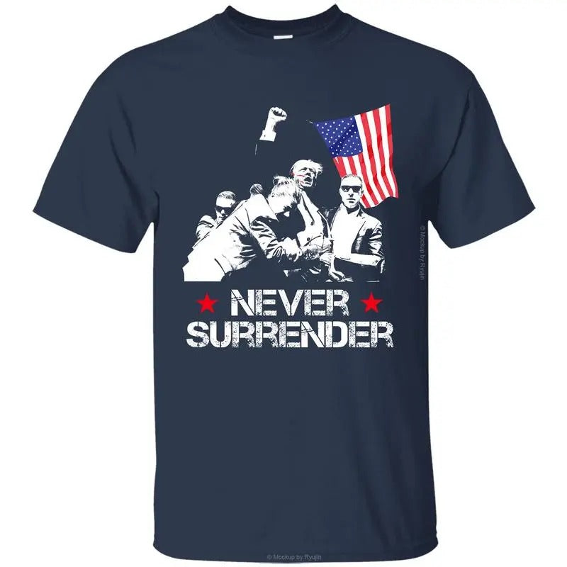 Trump Never Surrender T-shirt, Trump Assassination Attempt Shirt, Praying for President Trump Shirt, Bloodied Trump Fist Pumps, Trump Shirts 2024, Front Sided Graphic Printed Unisex Classic Comfort Cotton T-Shirts