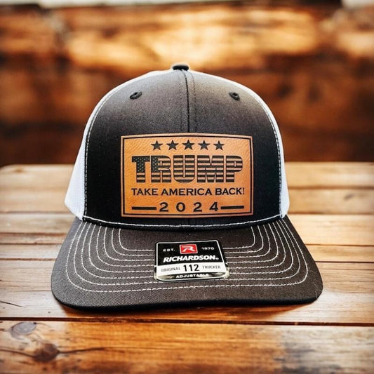 Trump Take America Back Leatherette Hat, Custom Leather Patch Hat, Leatherette, Trucker Style, Snap Back