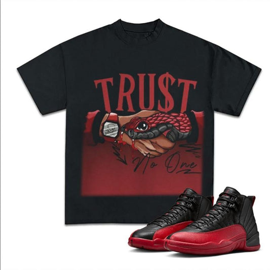 Trust No One Match 12 Flu Game Sneakers, Unisex Cotton Graphic Tee, Y2K Inspired T-shirt, Fitted for Streetwear Fans