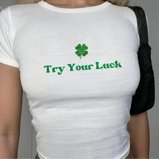 Try Your Luck Baby Tee Cute Ribbed Crop Top St Paddy's Day St Patrick's Day Baby Tee Y2K Baby Tee St Patricks Party Outfit Casual