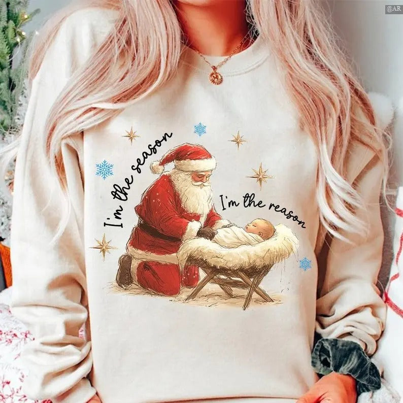 Jesus Is The Reason For The Season Sweatshirt/Hoodie/Tshirt , Santa and Jesus Christmas Shirt, Retro Crewneck, Gift For Lovers, Cotton, Trendy Womenswear Top