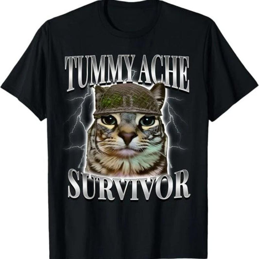 Tummy Ache Survivor Cat Meme Funny Saying Cats Animals T-Shirt, Funny Cat Shirt, Cute Cat Shirt, Love Cat Tshirt, Unisex Graphic Tees Gothic Grunge Y2K Emo Scene Amity Affliction Style Clothes Menswear Womenswear Streetwear