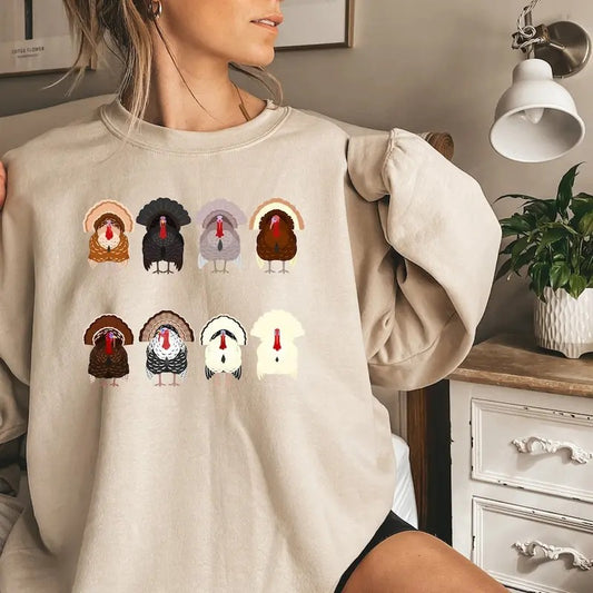 Turkey Sweatshirt - Fall Vibes Shirt, Vintage Thanksgiving Cotton, Crewneck, Featuring Turkeys on Front Panel, Solid Color