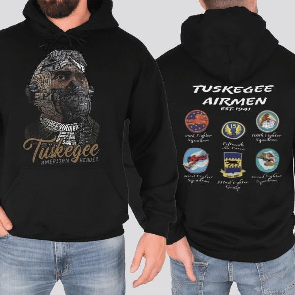 Tuskegee American Heroes 2 Sides Hoodie, Tuskegee Airmen Red Tails World War 2 Commemorative Tshirt, Men's Streetwear Tops with Graphic Design Casual