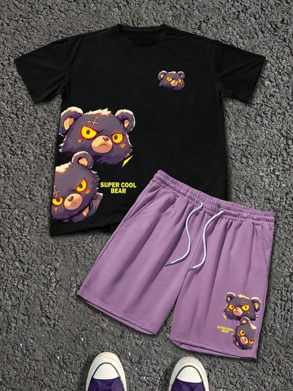 Two-Piece Set Men's Cartoon Bear Print Tee & Shorts Set, Regular Fit Casual Short Sleeve T-shirt & Track Shorts, Summer...