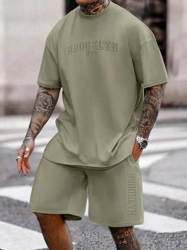 Two-Piece Set Men's Letter Print Tee & Shorts Set, Regular Fit Short Sleeve T-shirt & Track Shorts, Casual Summer Clothes...