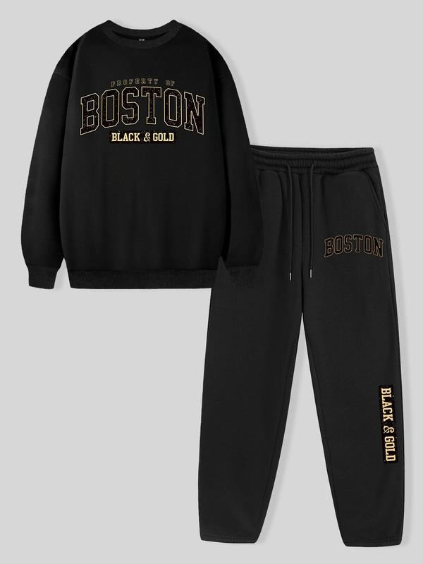 Two-Piece Set Men's Letter Print Thermal Lined Sweatshirt & Drawstring Waist Sweatpants, Regular Fit Casual Round Neck...